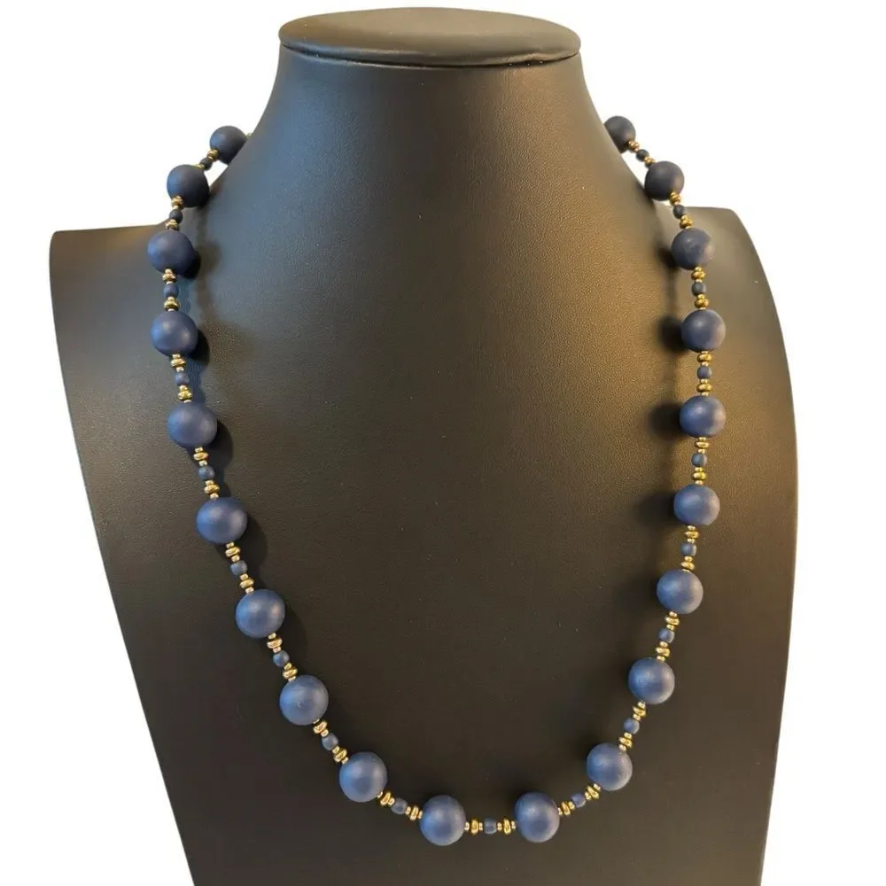 Pretty & Well Made Navy Blue and Gold Beaded Vintage Necklace.
